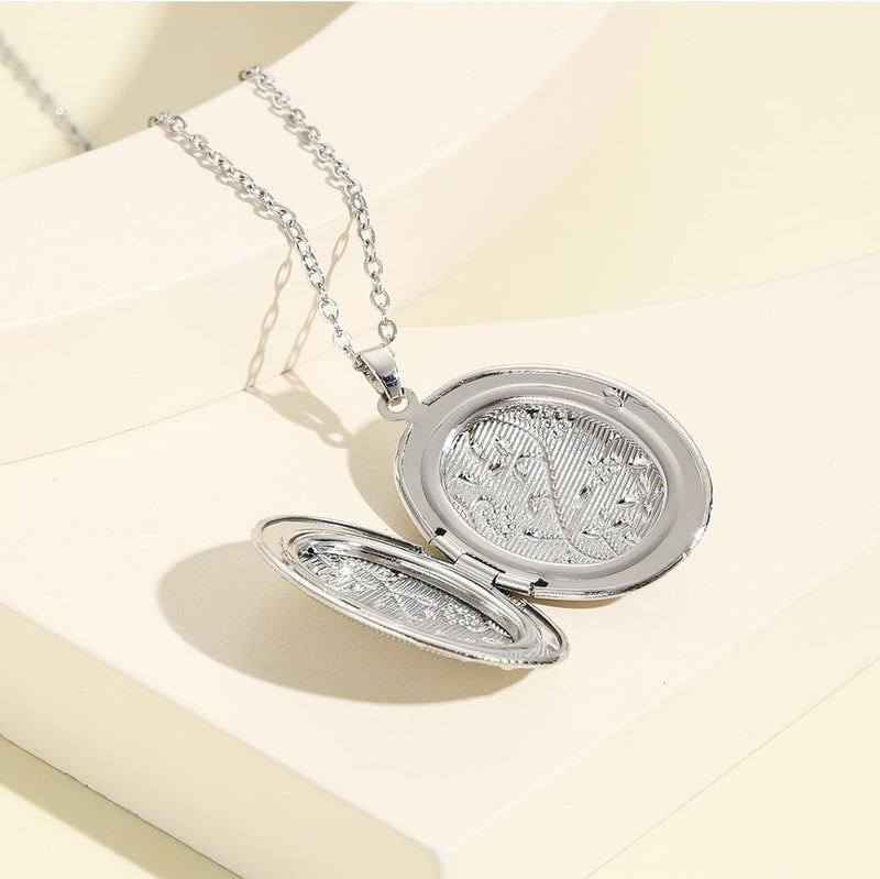 SCRDPRAD Vintage Engraved Flower Empaistic Photo Locket Hold Picture Oval Round Pendant Necklace Antique Carved Pattern Souvenir Memorial Clavicle Sweet Jewelry for Women - Image 2